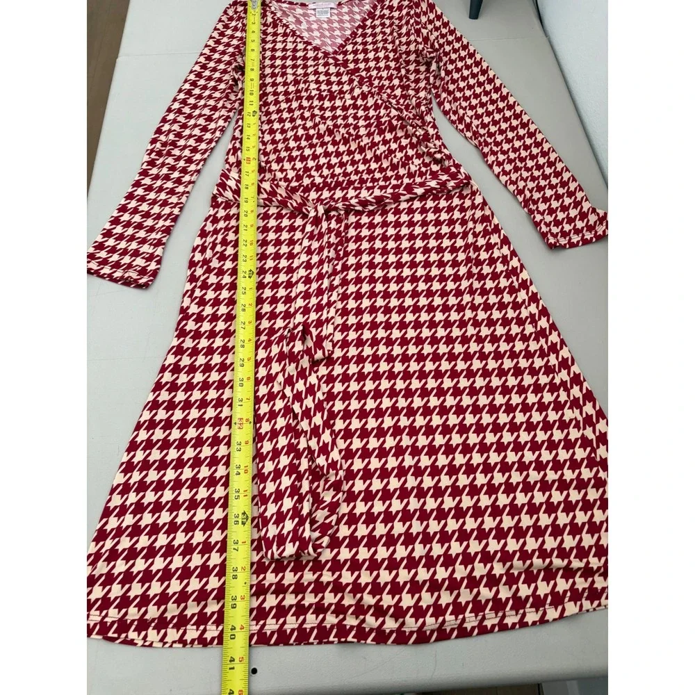 Romeo & Juliet Couture Red Houndstooth Wrap Dress Long Sleeve Midi  L Office